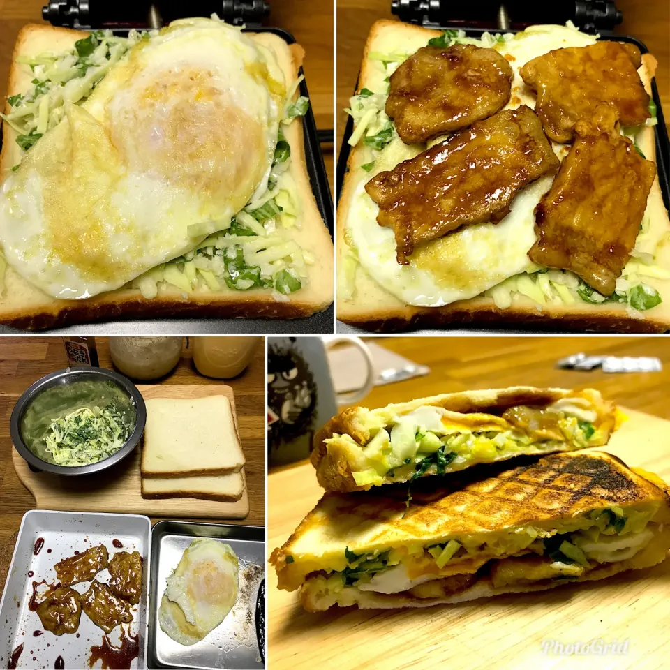 Snapdishの料理写真:豚の生姜焼きエッグホットサンド　#ホットサンド|morimi32さん