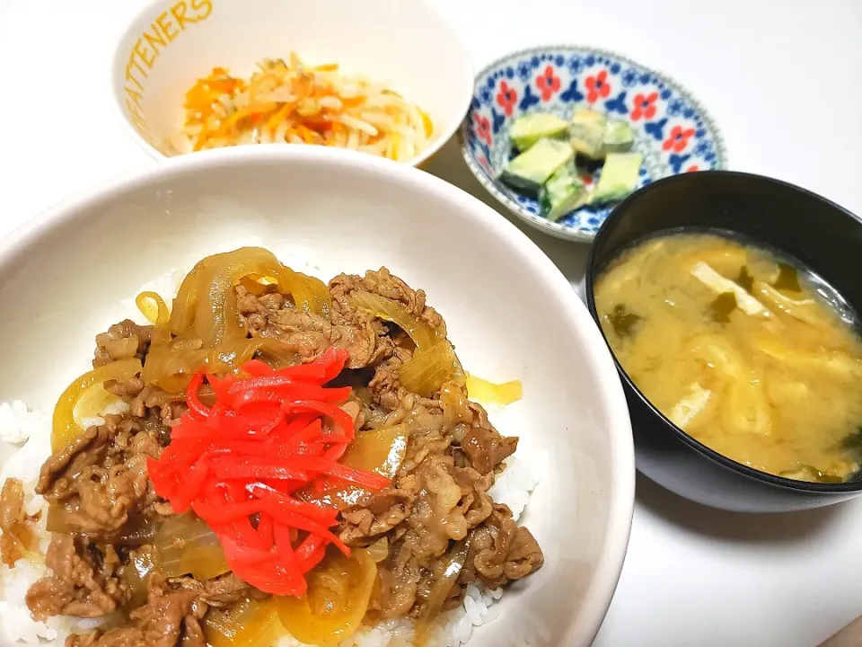 Snapdishの料理写真:牛丼
もやしと人参のナムル
きゅうりのみそマヨ
油揚げ•ワカメ•玉ねぎの味噌汁|しょーこさん