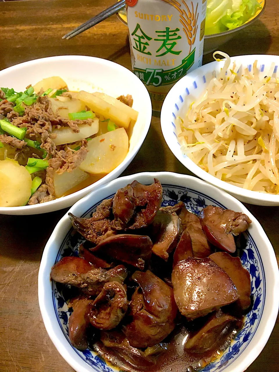 鳥レバー甘辛煮、牛肉と大根炒め煮、もやしナムル|ゆうこさん