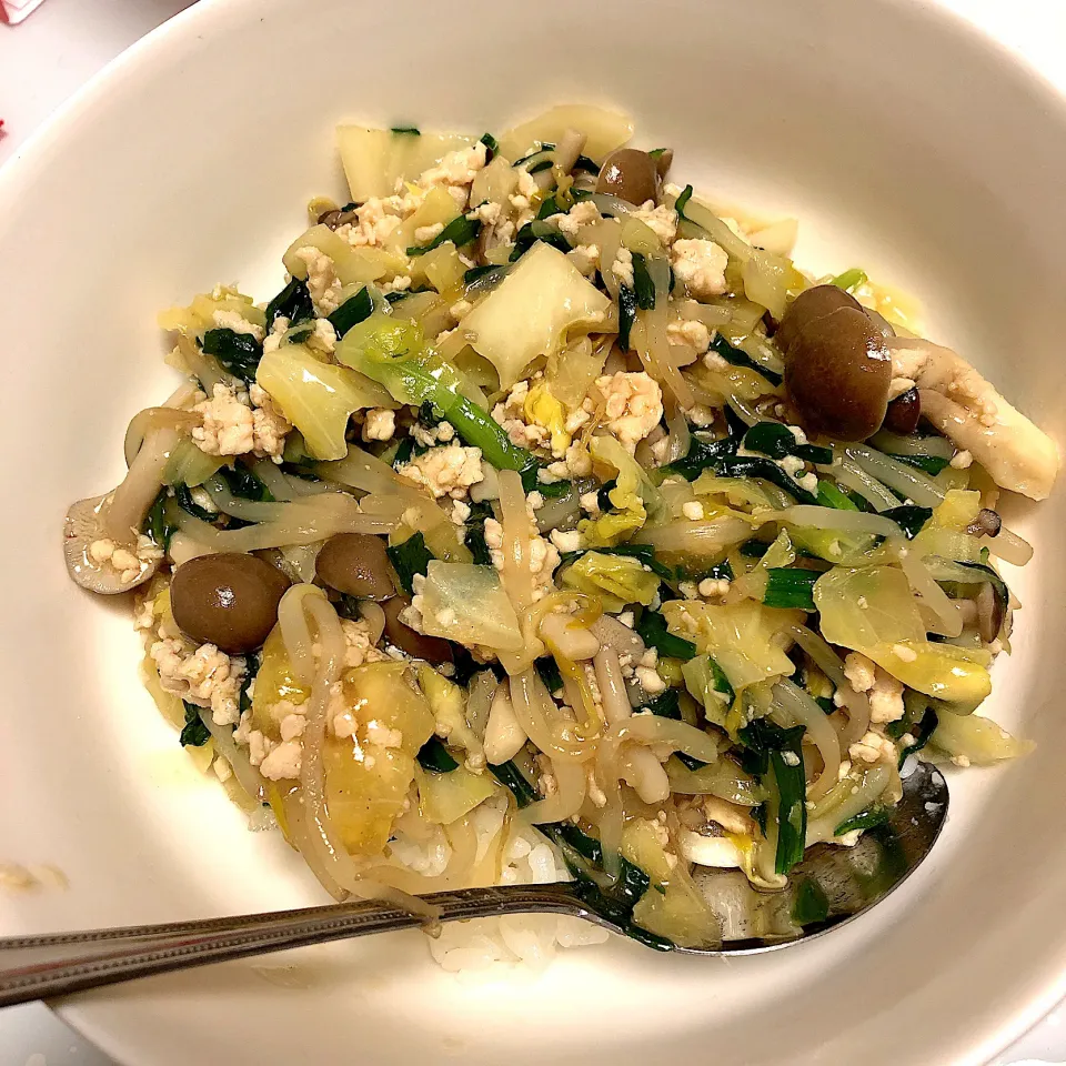 ニラとキャベツとしめじともやしのひき肉炒め丼|まめさん