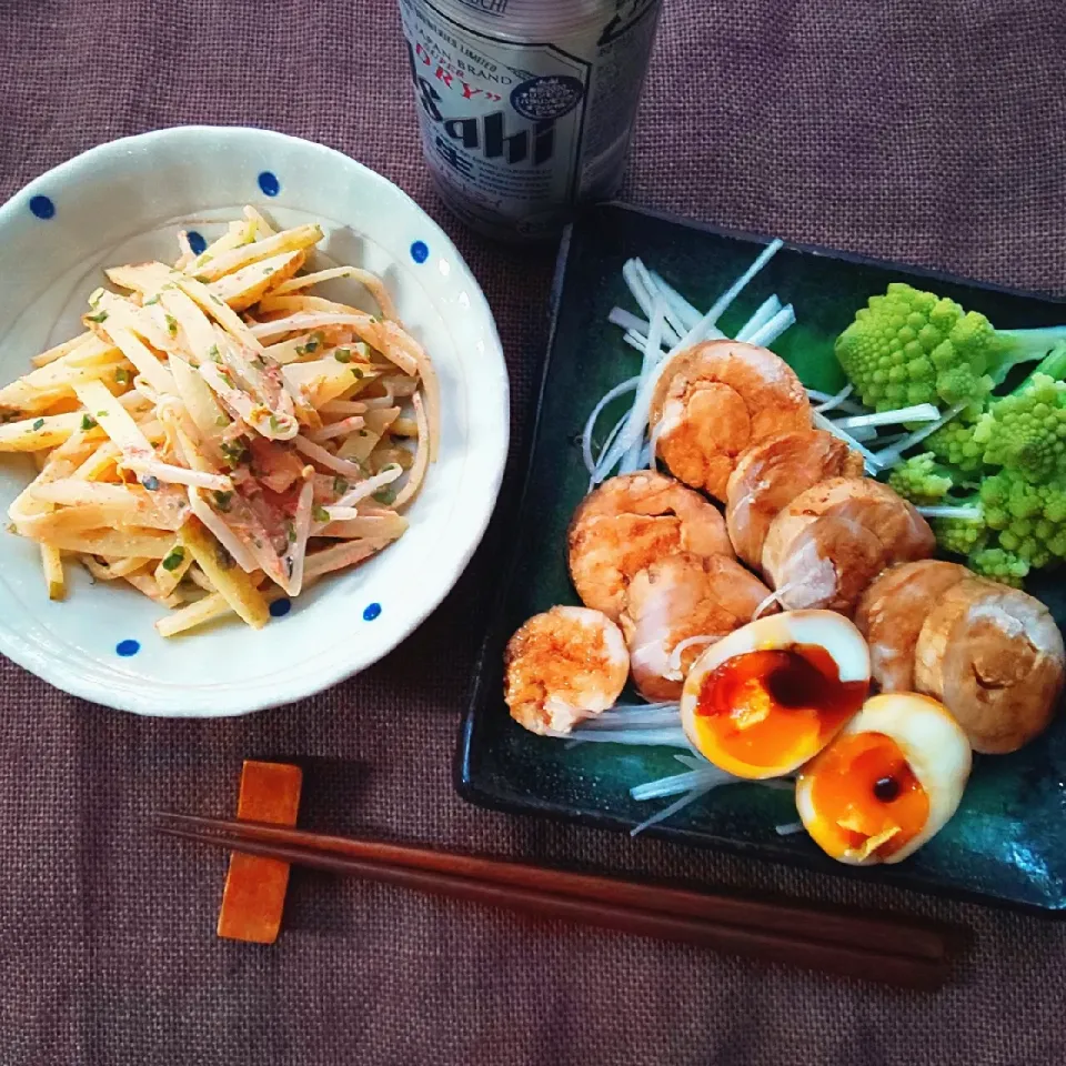 まるちゃんの鶏チャーシュー&シャキシャキ新じゃがともやしのあかりマヨ和え&スーパードライ|真希さん