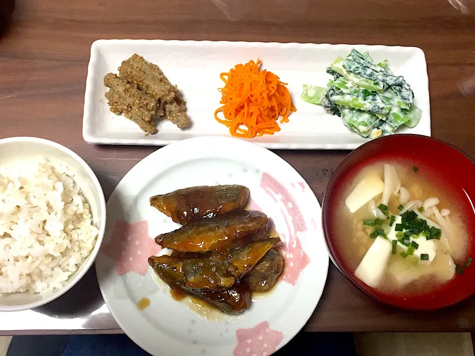 Snapdishの料理写真:小アジの甘酢 納豆汁 ごぼうの胡麻よごし 人参の中華和え 小松菜の白和え|おさむん17さん