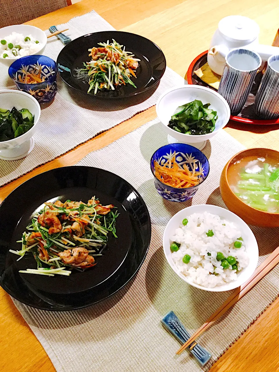 豚肉と水菜の塩麹炒め、グリンピースご飯|papinさん