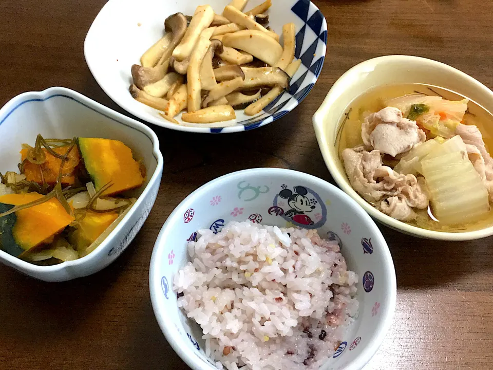 豚肉の寄せ鍋風、かぼちゃと昆布の煮物、メンマ風エリンギ|りかさん