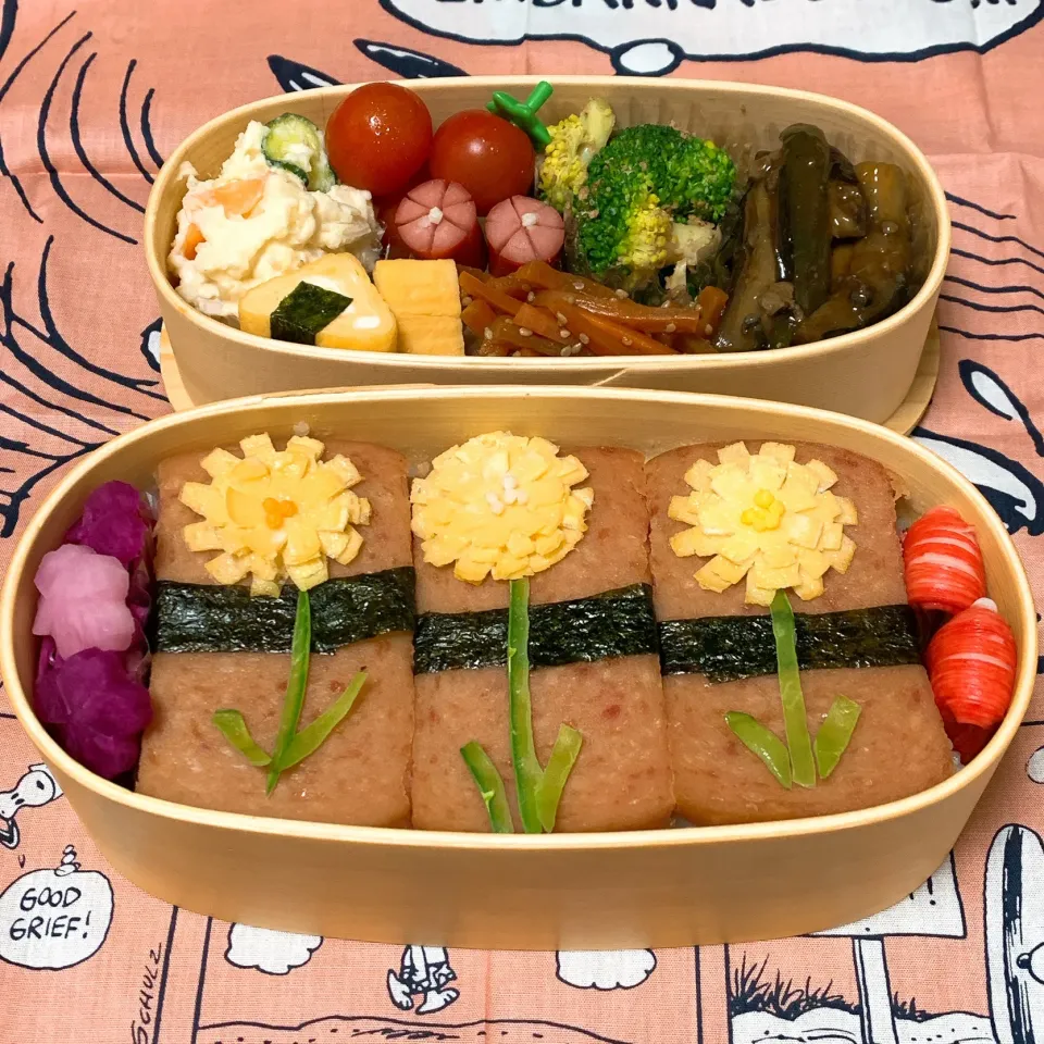 旦那のお弁当1 たんぽぽのスパムむすび弁当にしました^ ^|ヤマネコさん