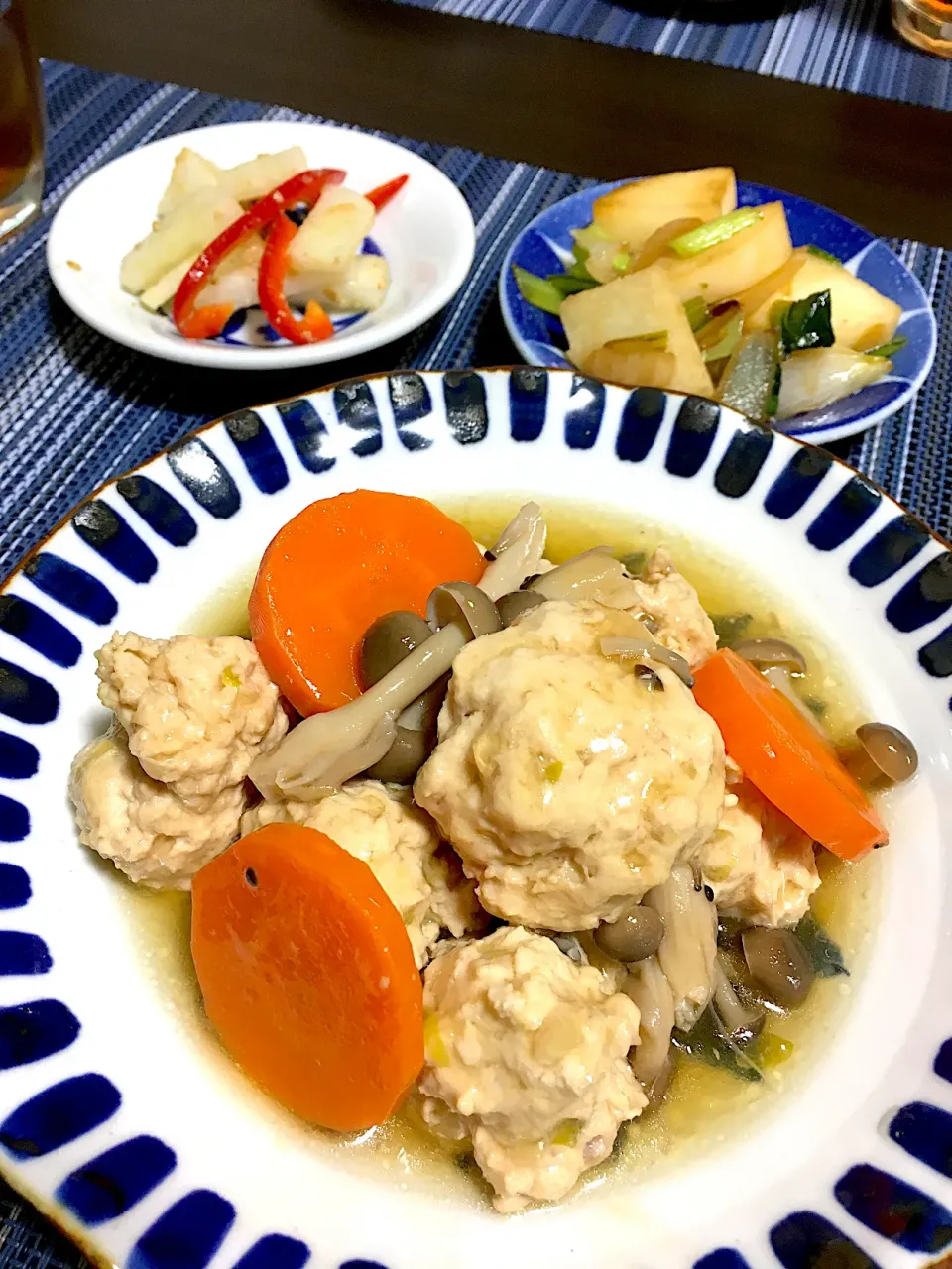 Snapdishの料理写真:鶏団子あんかけ　大根パプ梅昆布茶あえ　長芋のポン酢いため|ちぐあささん