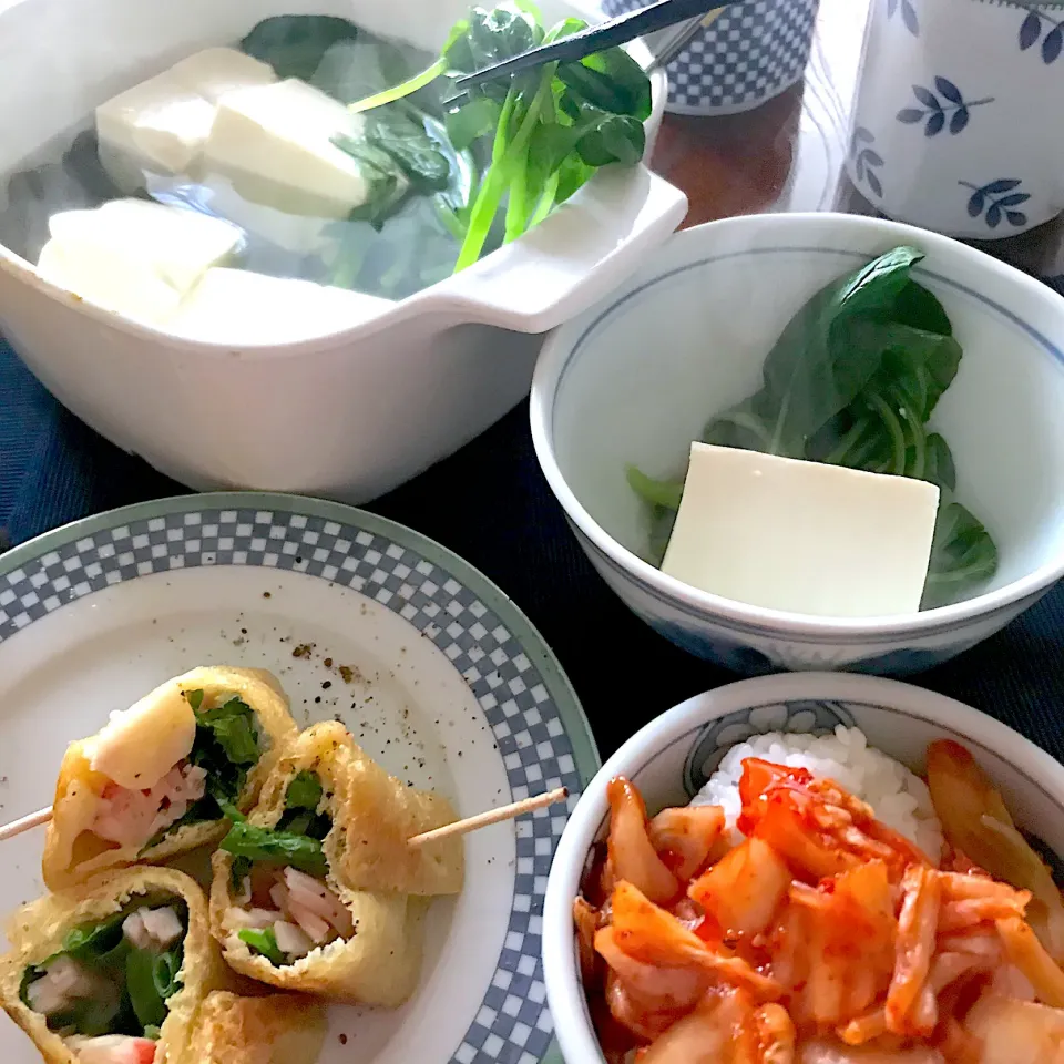 めるぼ 💟さんの料理 簡単おつまみ♪ハム・チーズ・ねぎ♪詰めた油揚げの残り物と賞味期限が近い湯豆腐の朝ごはん|シュトママさん