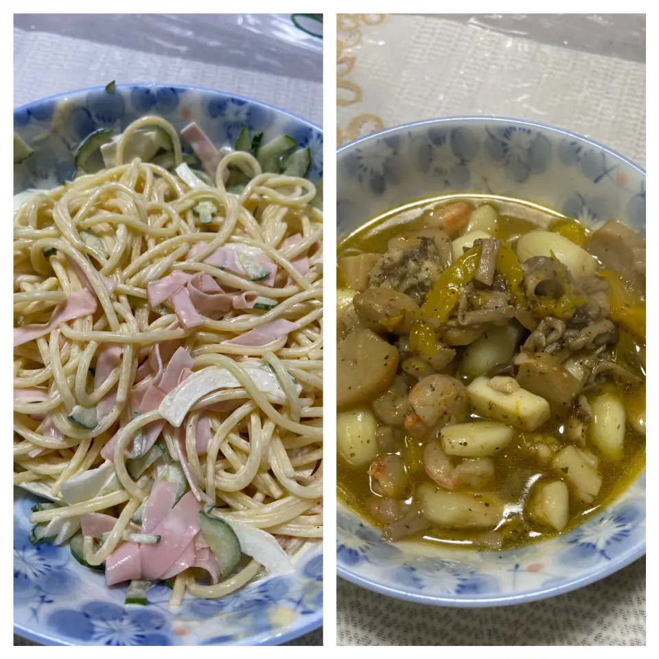 Snapdishの料理写真:アヒージョとスパゲティーサラダ|shanxiaさん