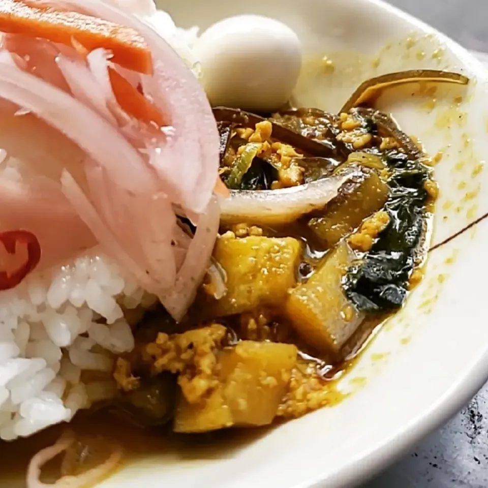 ほうれん草とナスの鶏キーマカレーです。|ふじわらたくやさん