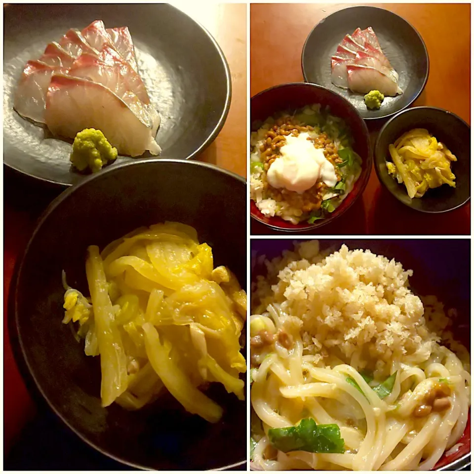 Snapdishの料理写真:Midnight  meals🌝 ｼﾏｱｼﾞのお刺身･きのこののおばんざい<豚白菜煮>･薬味たっぷり温玉納豆ぶっかけおうどん|🌈Ami🍻さん