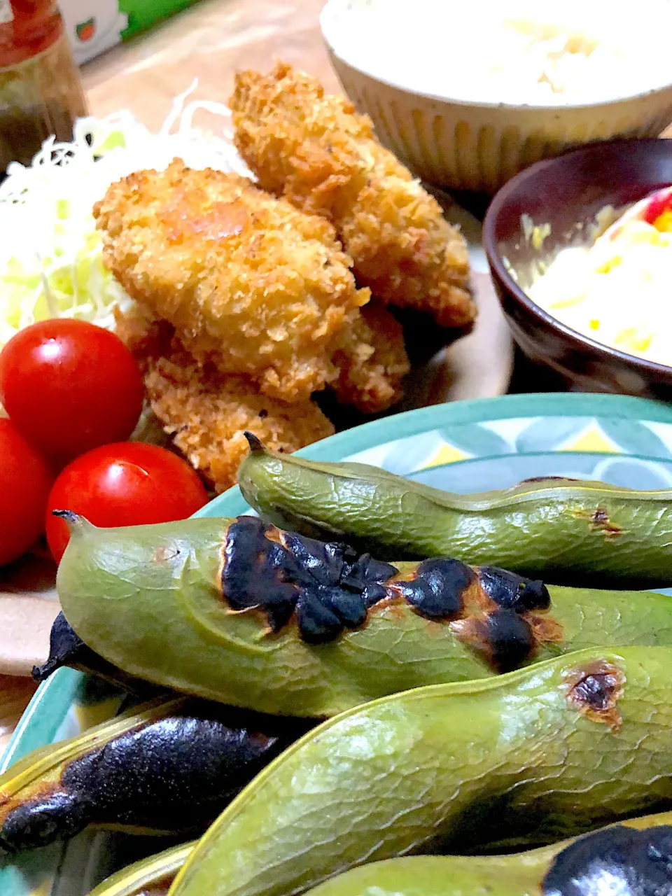 焼きそら豆と牡蠣フライ|ミウトおかんさん