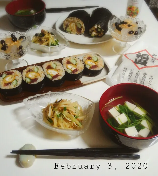 2020年節分
恵方巻
ほたてと大根のサラダ
お豆腐のお吸い物
寒天|みったんさん