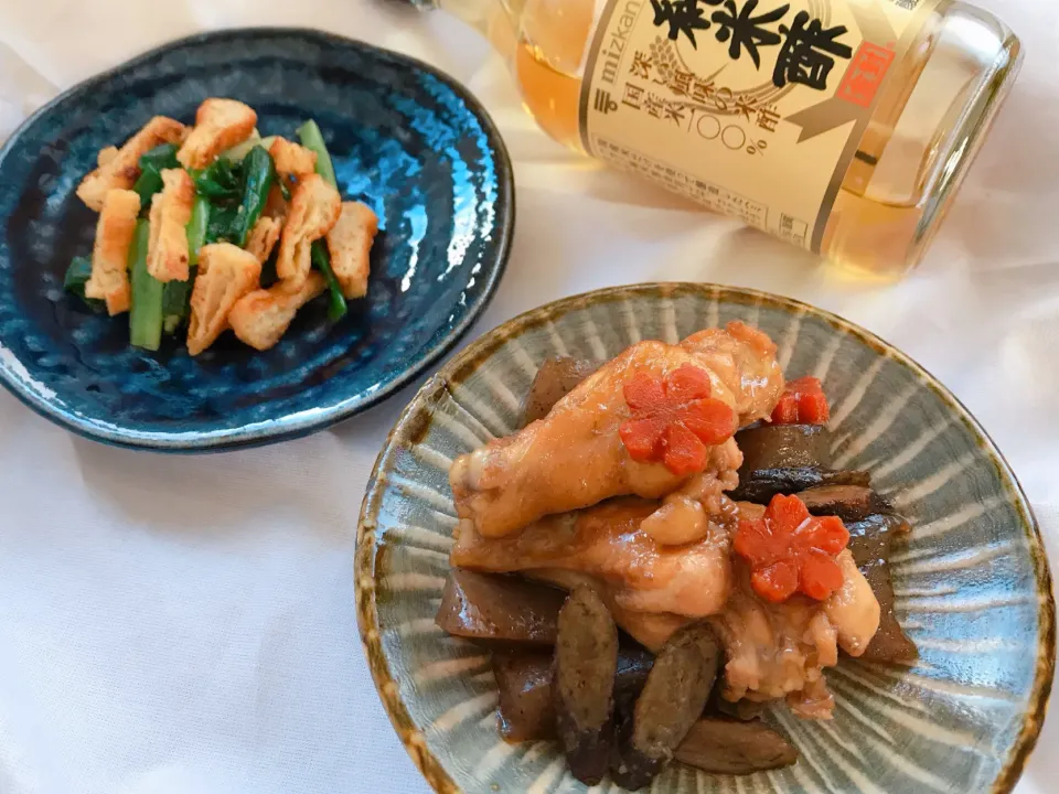 純米酢で分葱の酢味噌和え◡̈♪　　　　　　　　　　　　　　　鶏手羽元の照り煮🍗|めぐぐさん