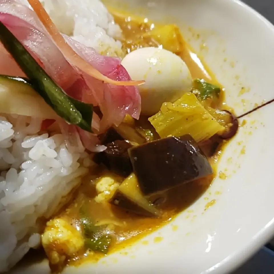 セロリとナスの鶏キーマカレーです。|ふじわらたくやさん