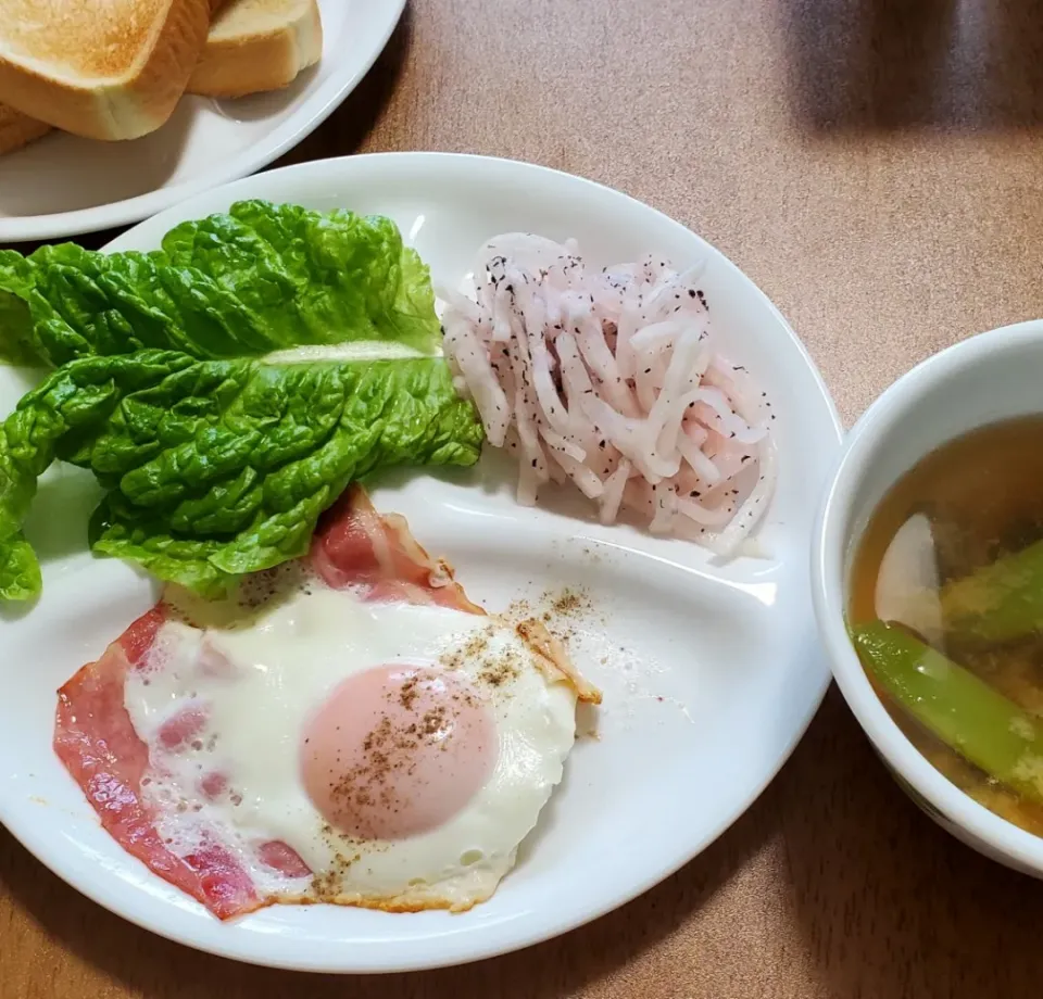 Snapdishの料理写真:ベーコンエッグ
大根のゆかり酢なます
サンチュ
スナップえんどうとネギの味噌汁
トースト|ナナさん