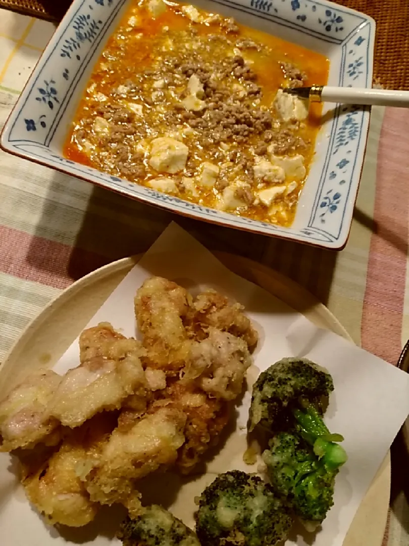 麻婆豆腐と鶏肉天ぷら　ブロッコリー天|pecopaさん