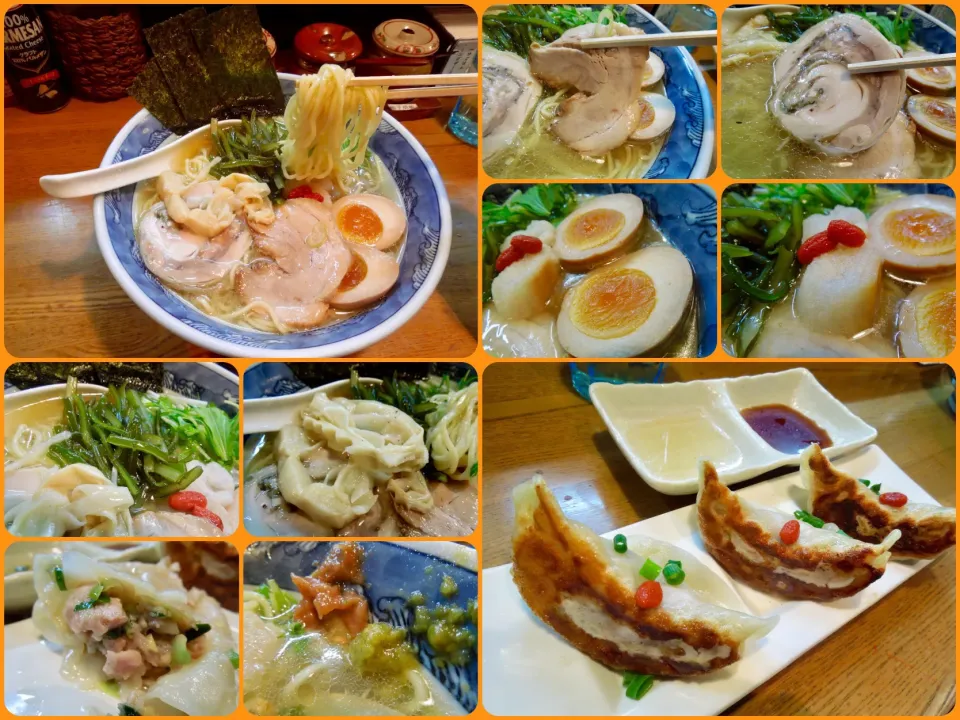 Snapdishの料理写真:久しぶりにしおの風で晩御飯。
特選塩ラーメン。
 豚と鳥のチャーシュー
 煮卵
 茎わかめ
 クコの実の乗った麩
 穂先メンマ
 海苔
 水菜
 大盛り
と 具沢山が嬉しい。
塩ダレと醤油ダレで楽しめる餃子も１つが大きいので３個でちょうどいいですね！|Takeshi  Nagakiさん