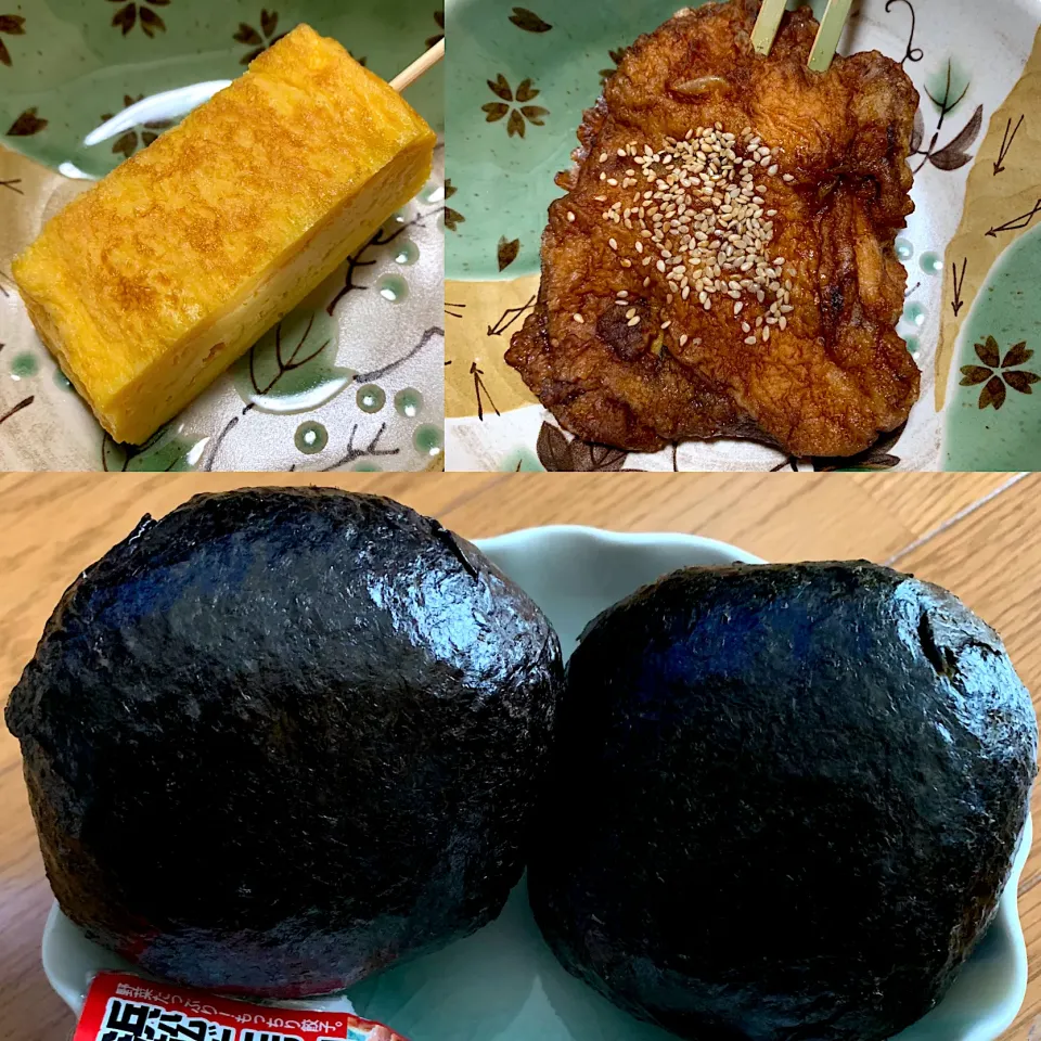 玉子焼き　　ガブリチキン🍗　　浜松だもんで餃子げんこつむすび🥟🍙　げんこつむすび高菜明太🍙|るみおんさん