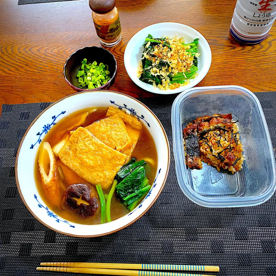 キツネうどん、うな丼の残り、ほうれん草お浸し、|yakinasuさん