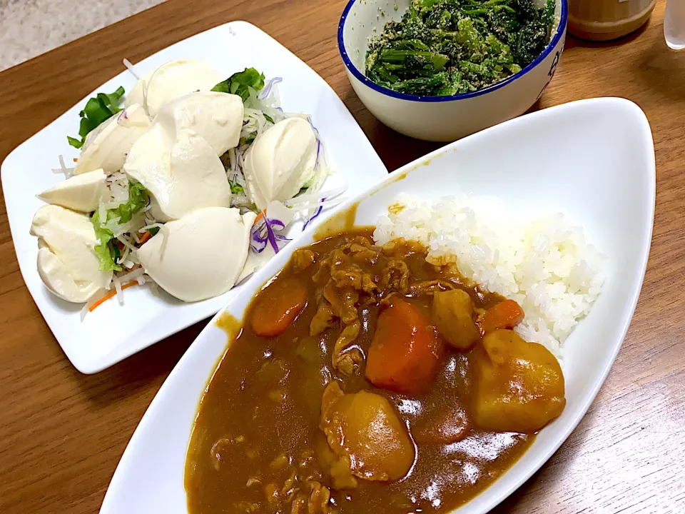 カレー、豆腐サラダ、ほうれん草の胡麻和え|aico☆さん