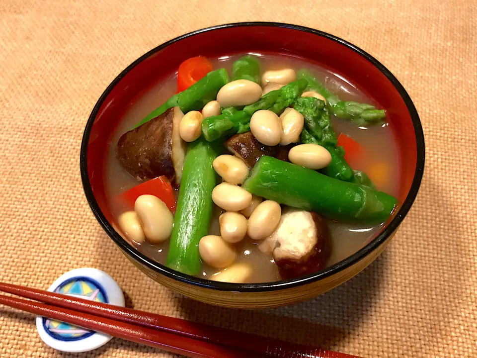 帆立貝柱水煮缶のつけ汁で具沢山味噌汁|えむにこさん