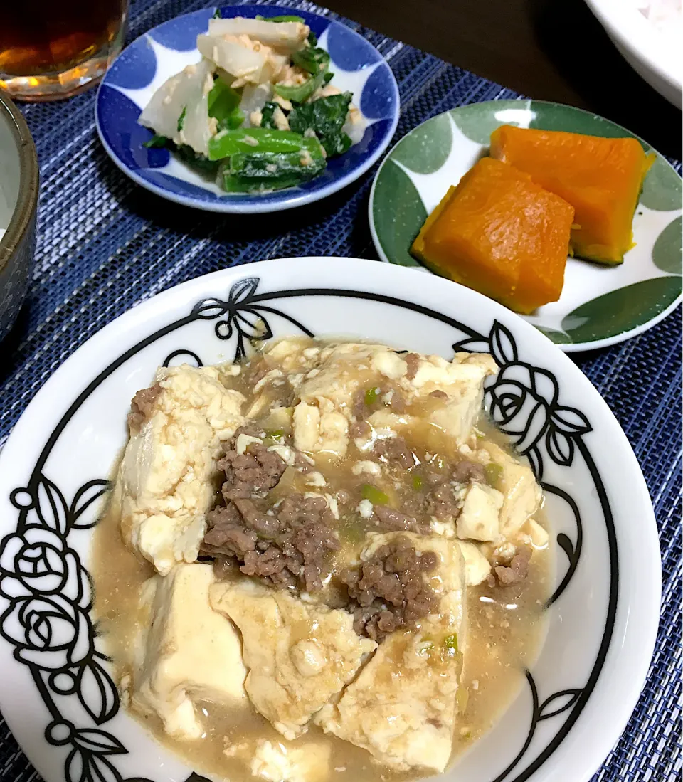 中華風くずし豆腐　かぼちゃ煮　小松菜と大根のツナマヨ和え|ちぐあささん