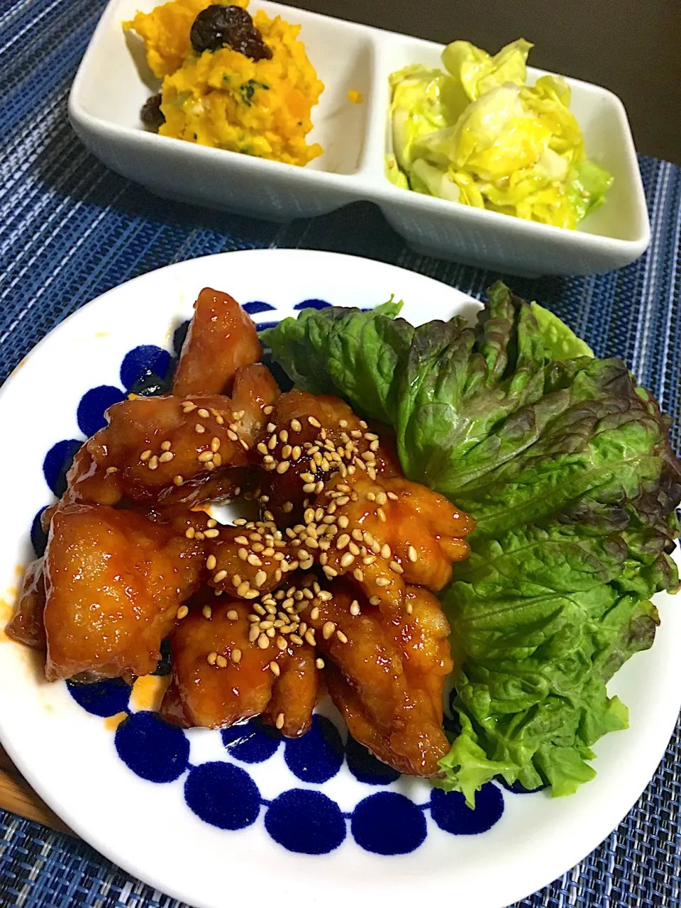 ヤンニョムチキン　かぼちゃサラダ　おつまみ春キャベツ|ちぐあささん