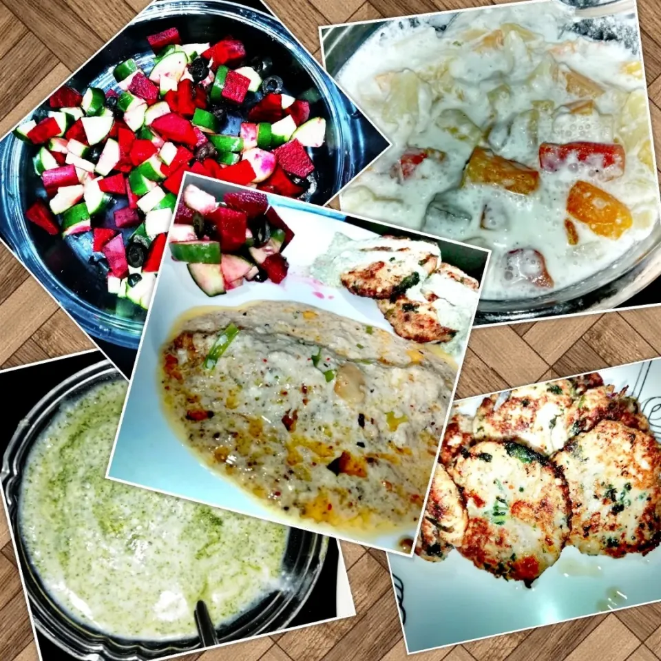 Crramy chivken fillets, chicken cutlets, russian sald, fresh salad, green sauce|Hajra's Heavenさん