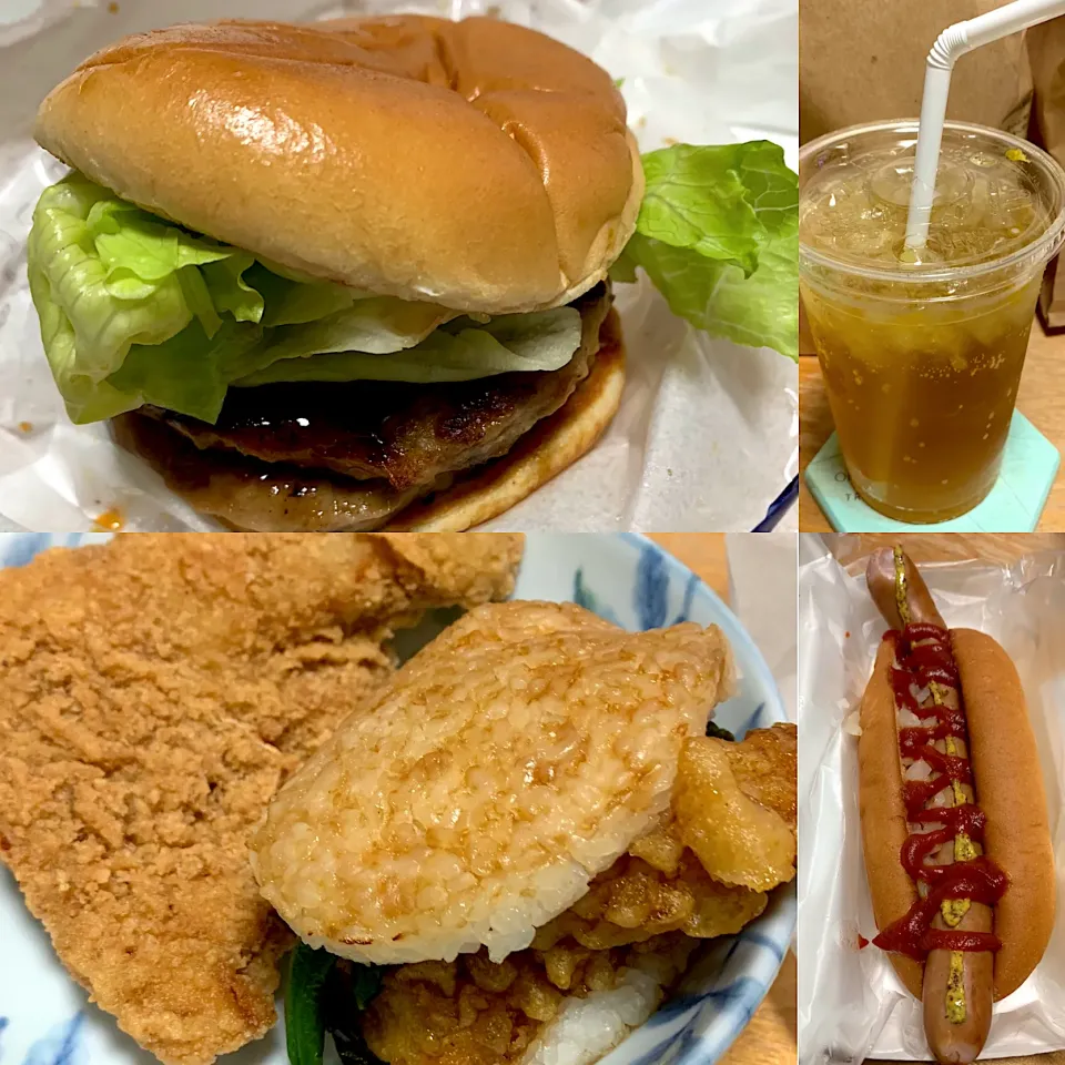 モス　倍クリームチーズダブルテリヤキ🍔　モスチキン🍗　海老の天ぷらライス🍔　ホットドッグ🌭　ネーブル&レモン🍋ジュース🍹|るみおんさん