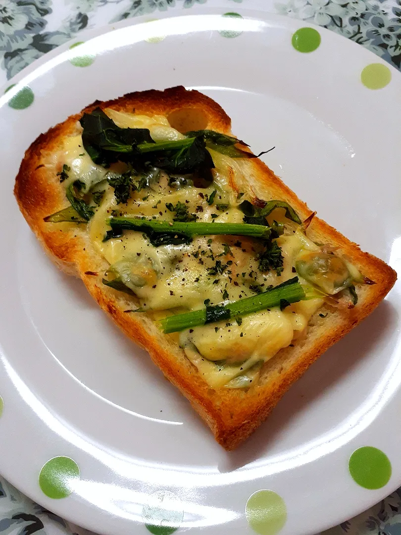 Snapdishの料理写真:🔷無限長ネギde🍞チーズトースト🧀🧀🔷朝ごパン🍞|@きなこさん