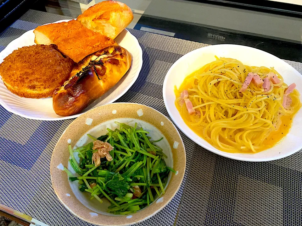 カルボナーラ・三つ葉のわさび醤油和え|料理初心者さゆみさん