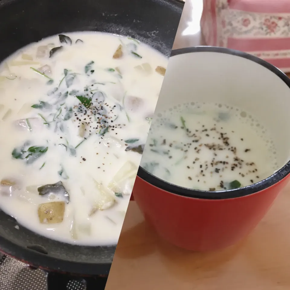 Snapdishの料理写真:自家栽培した豆苗ちゃんのミルクスープ🌱🥔|にゃふてんさん