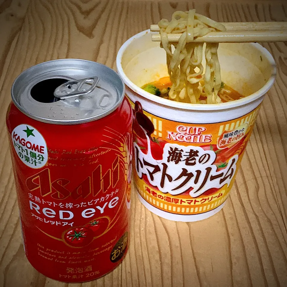 今宵の一酒一肴『レッドアイ』と『海老のトマトクリーム麺』(′20.3.7)|ち〜おんさん