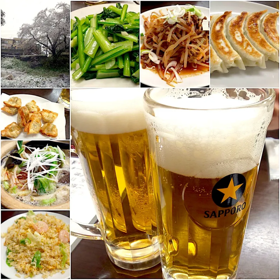 Cheers🍻 土鍋中華🔥餃子･ﾋﾟﾘ辛もやし･青菜炒め･一口揚げ餃子･お野菜たっぷり牛肉麺<酔っ払い🥴名前記憶ないけど美味しいかったので絶対また食べます麺w>･海老ﾚﾀｽ炒飯|🌈Ami🍻さん