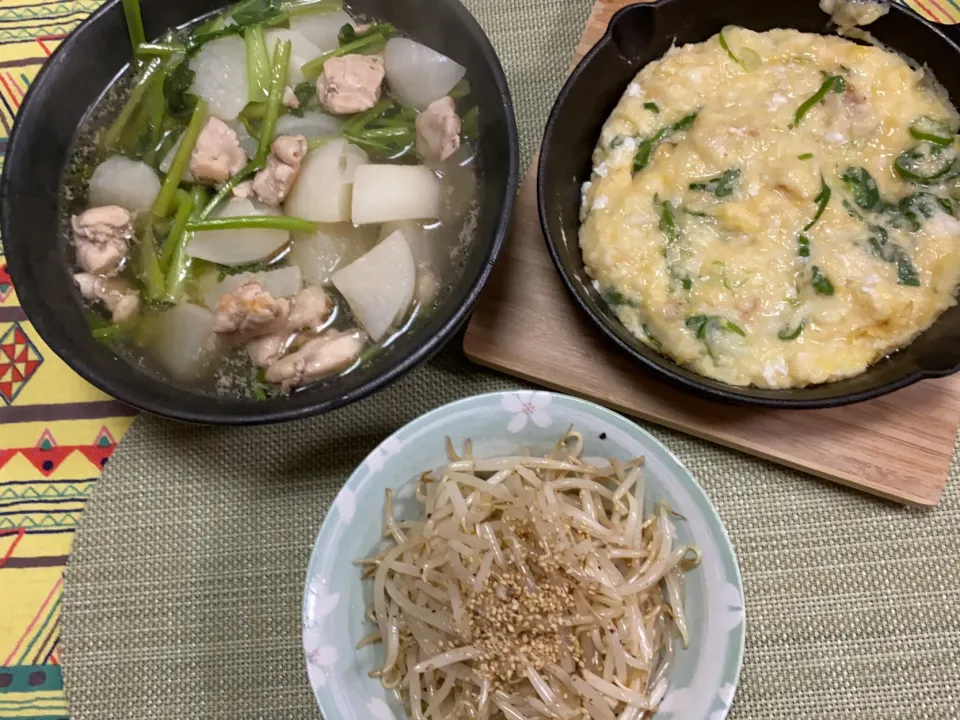 かぶと鶏肉の炒め煮、長芋ネギ焼き、もやしのナムル風|peanutsさん