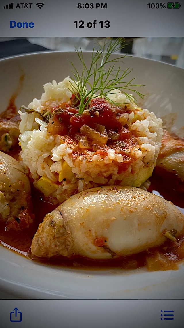 Calamari stuffed with Seafood Mousse , Tomato Sauce .. Ratatouille Rice|Christine pavelkaさん