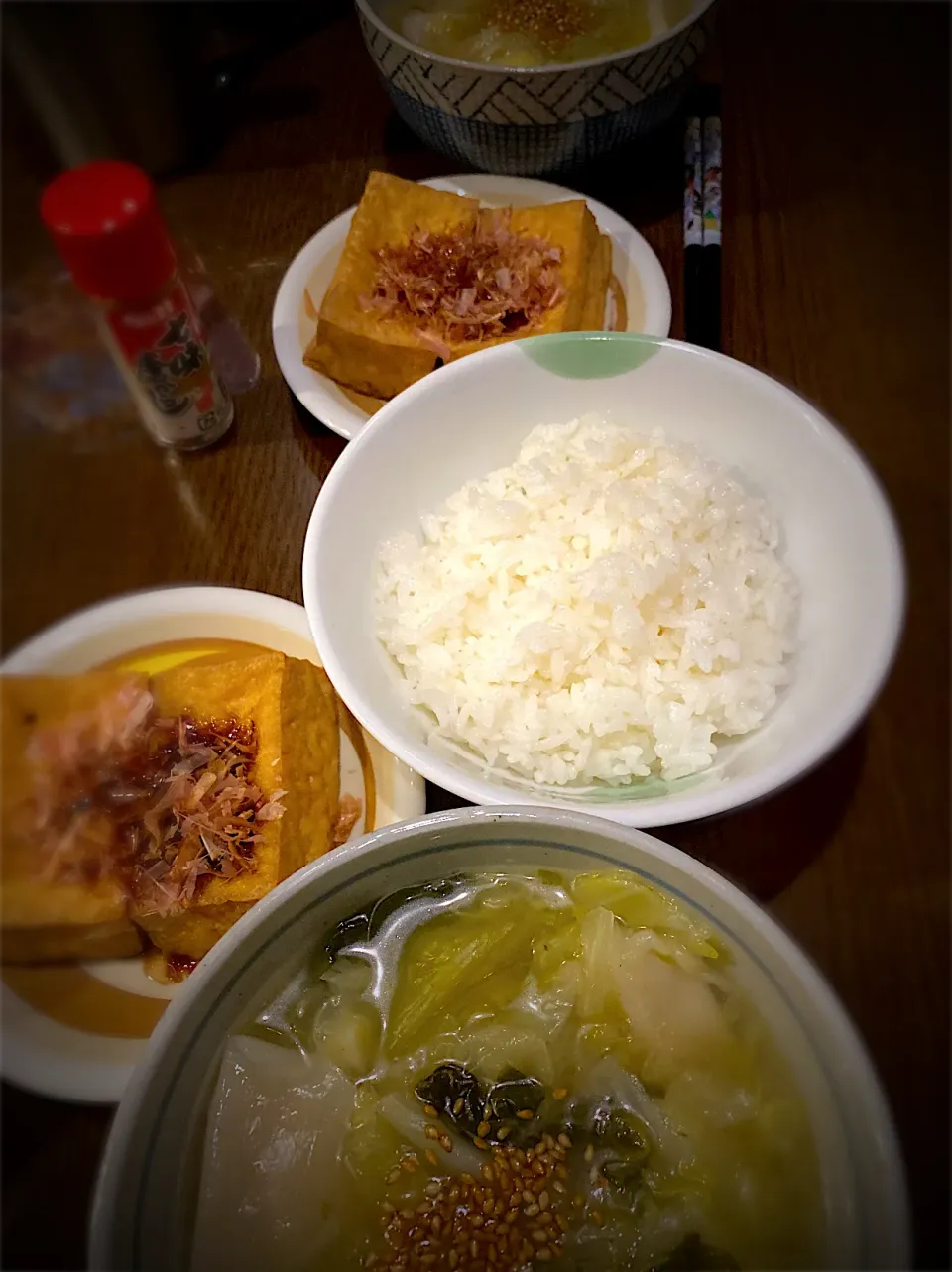 焼き厚揚げ　おかか醤油がけ　水餃子入り野菜スープ|ch＊K*∀o(^^*)♪さん