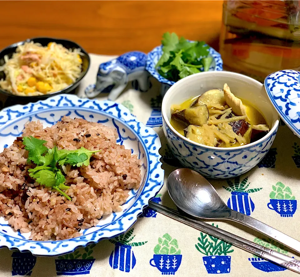 グリーンカレー　シーチキンとコーンのコールスロー　雑穀米　ピクルス　パクチー　夕飯|なおみさん