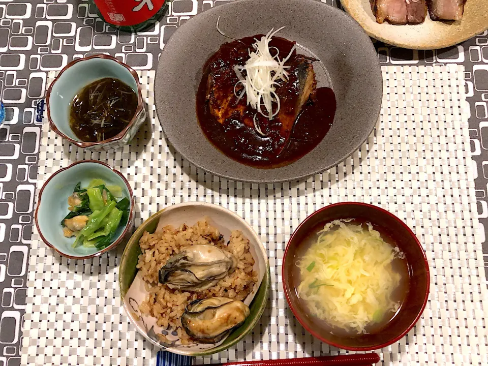 鯖の甘酒味噌煮、牡蠣ごはん、あさりと分葱の酢味噌和え、新生姜のもずく酢|amiさん