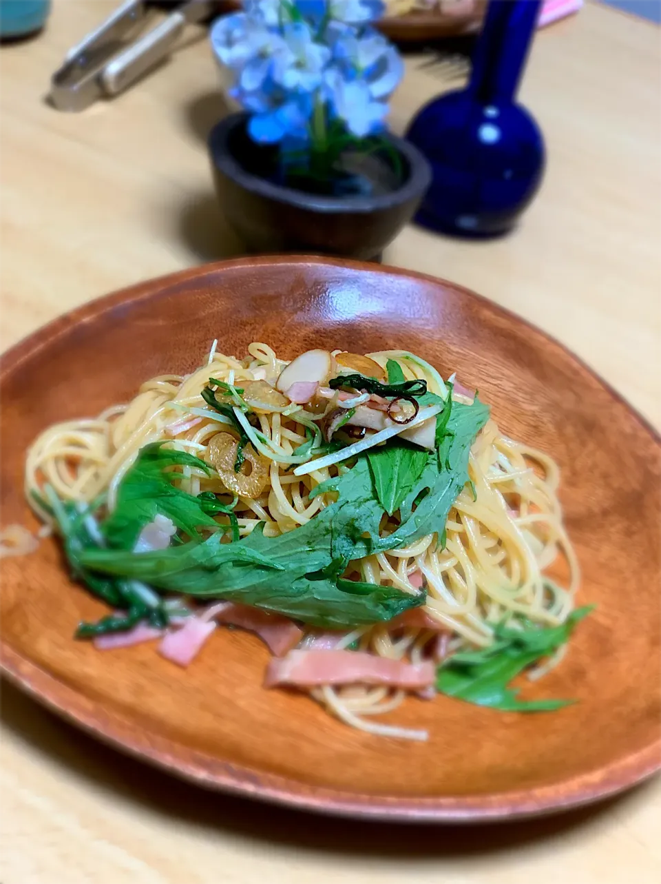 水菜エリンギベーコンのペペロンチーノ🍝|mi♡さん