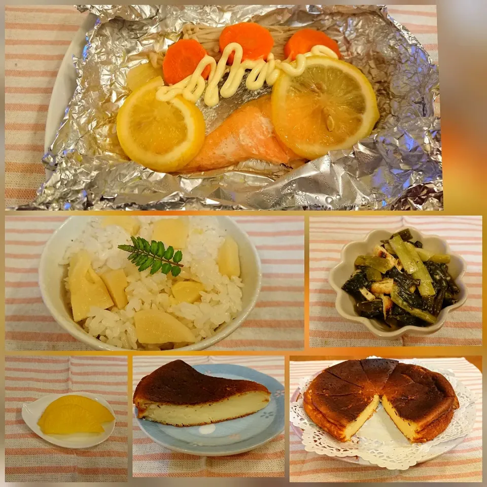 Snapdishの料理写真:☆タケノコご飯
☆鮭のホイル焼き
☆ワケギ酢味噌あえ
☆たくあん
☆ヨーグルトレモンケーキ|chikakoさん