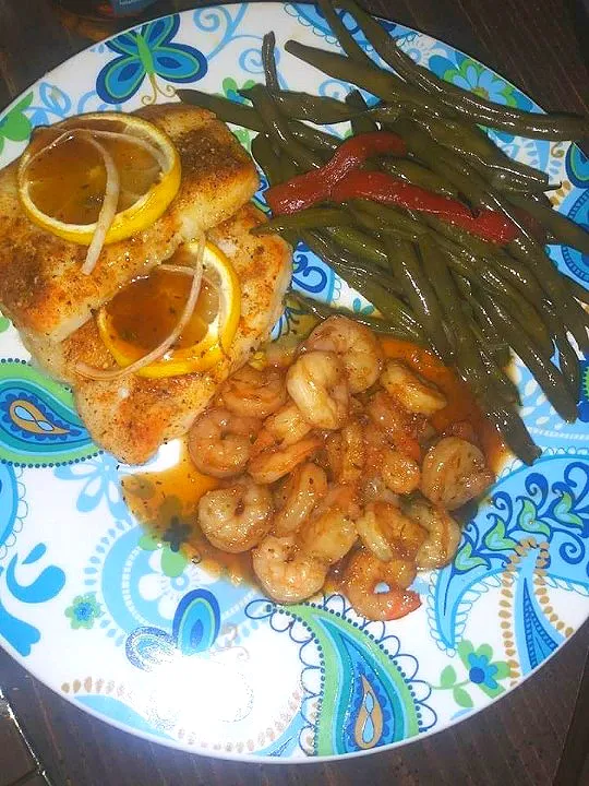 lemon n brown sugar pollock fish with brown sugar and honey shrimp and greebeans|amazindavisさん