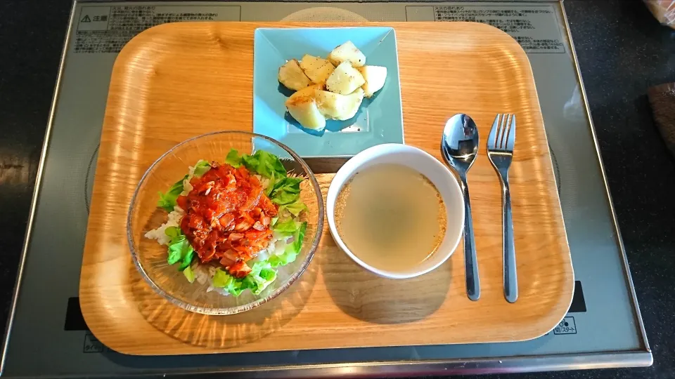 今日の昼食 サバ缶タコライス、アンチョビポテト、わかめスープ|pinknari🐰🌈さん