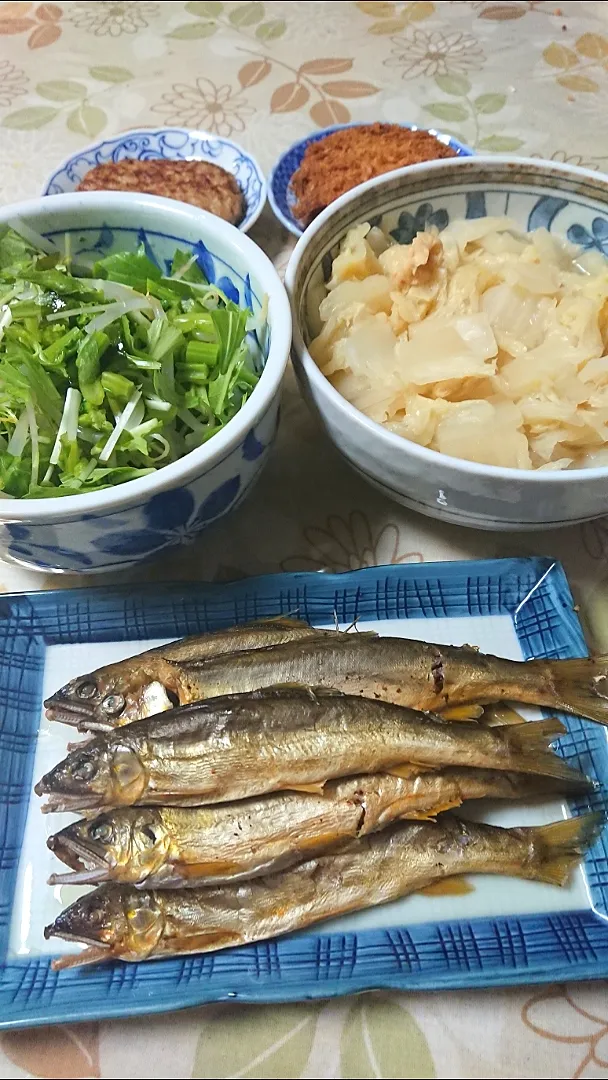 Snapdishの料理写真:地味が好き！鮎煮、白菜の煮浸し、野菜のサラダ|ユミさん