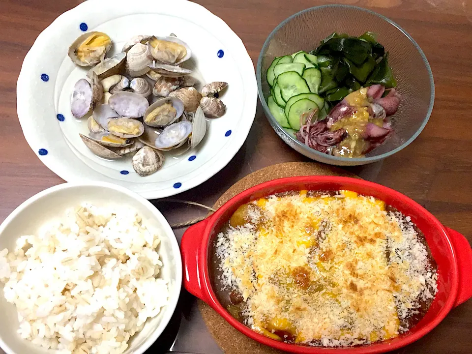 Snapdishの料理写真:焼きカレー あさりの酒蒸し ほたるいかの酢味噌和え|おさむん17さん