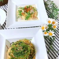 ホタテとあおさ＆塩昆布と大葉のパスタ