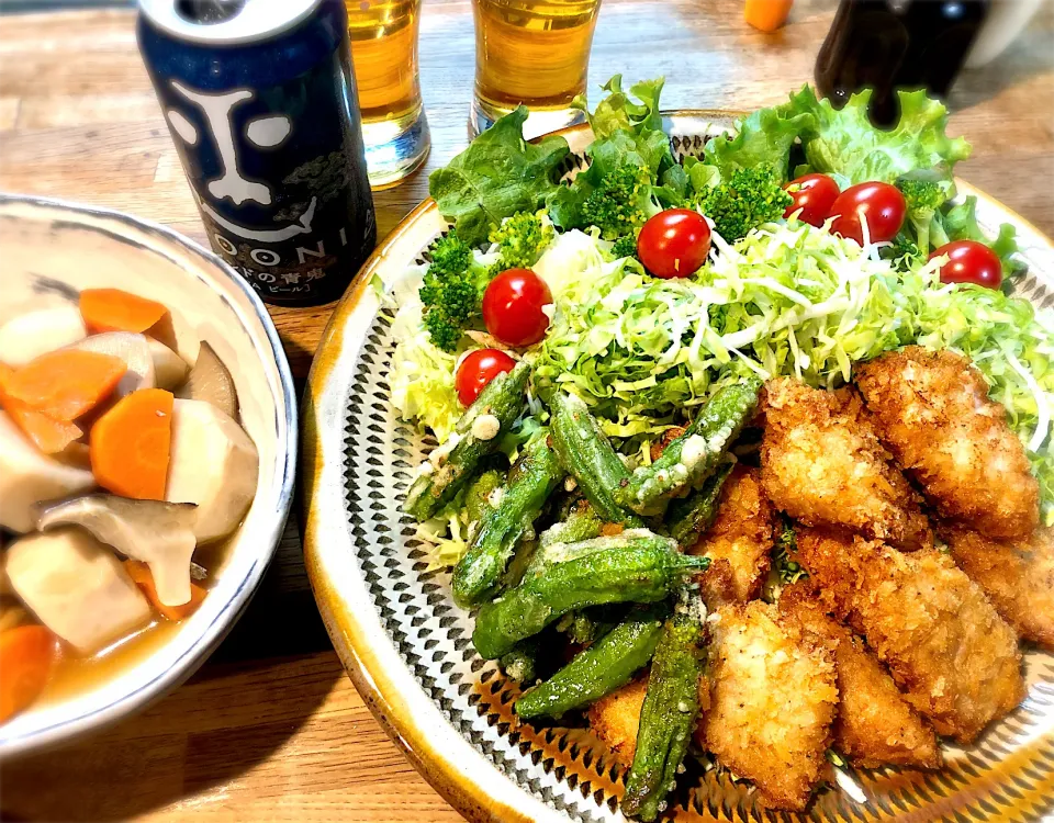 豚ももカツでうち飲み　　　　　　　　　　　里芋煮っころがしと|じゅんさんさん