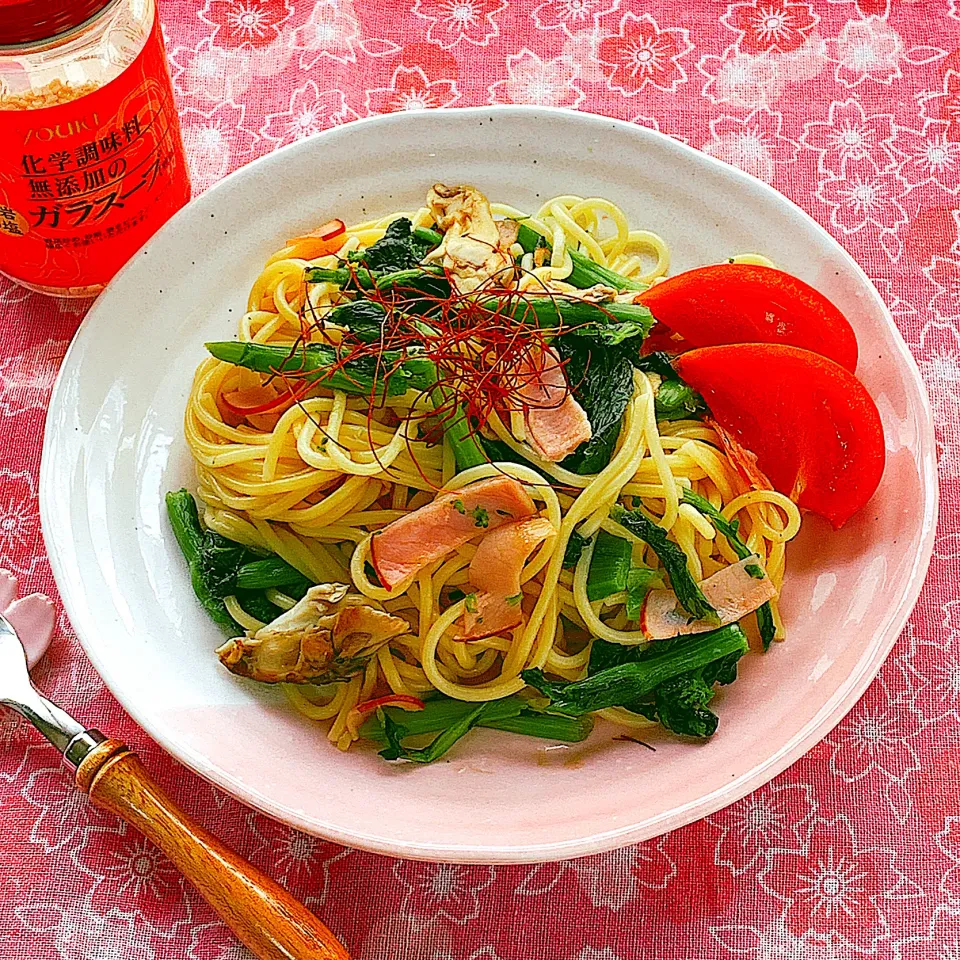 菜の花とハムのスパゲティ|アスママさん