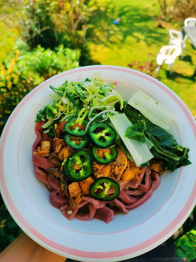 Mie ayam (chicken noodles)
The noodles I made it with beetroot 😊|Njluycxさん