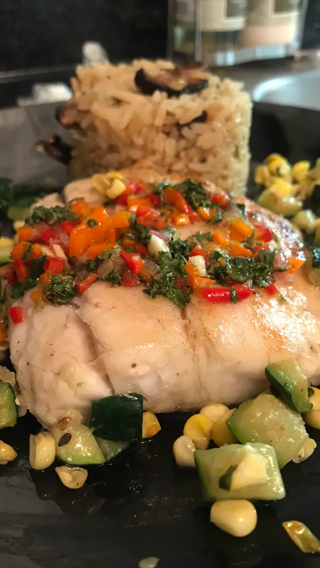 Barramundi with a Fish Sauce Vinaigrette Shitake and Edamame Rice with Corn and Zucchini|Christine pavelkaさん